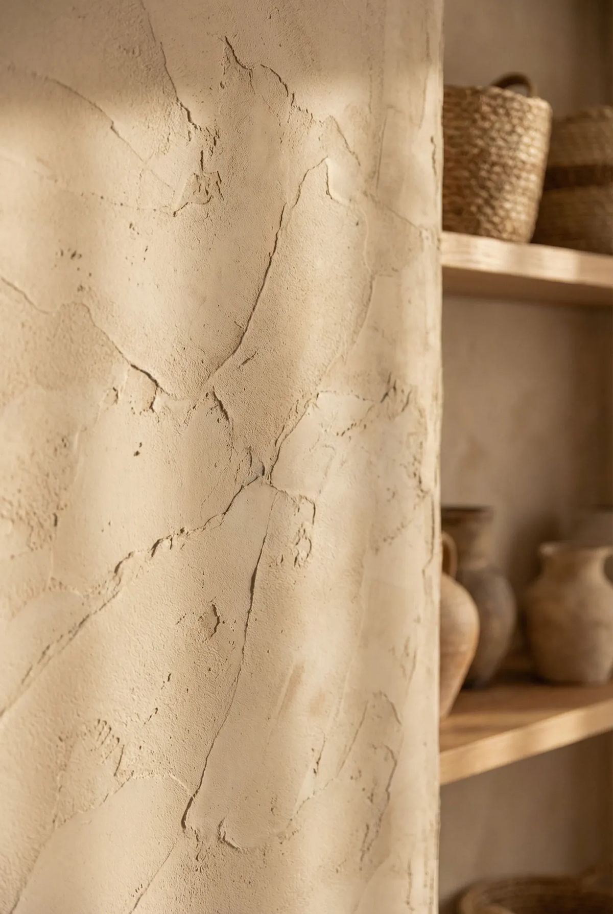Warm beige decorative painted wall with mineral texture and handcrafted surface effect